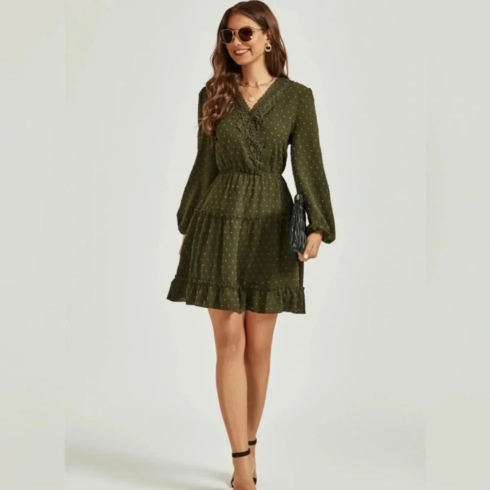 New Chic Dress Green Dainty Long Sleeve Tiered Ruffle Mini v-Neck